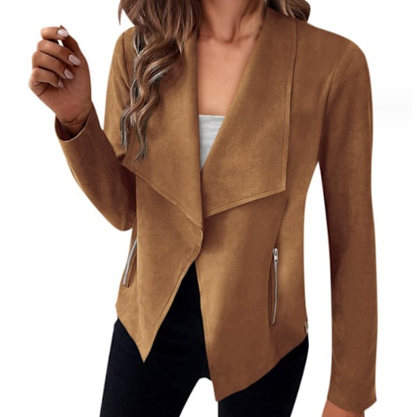 Dam Öppen Framsida Faux Suede Casual Blazer Långärmad Arbetsjacka brown M