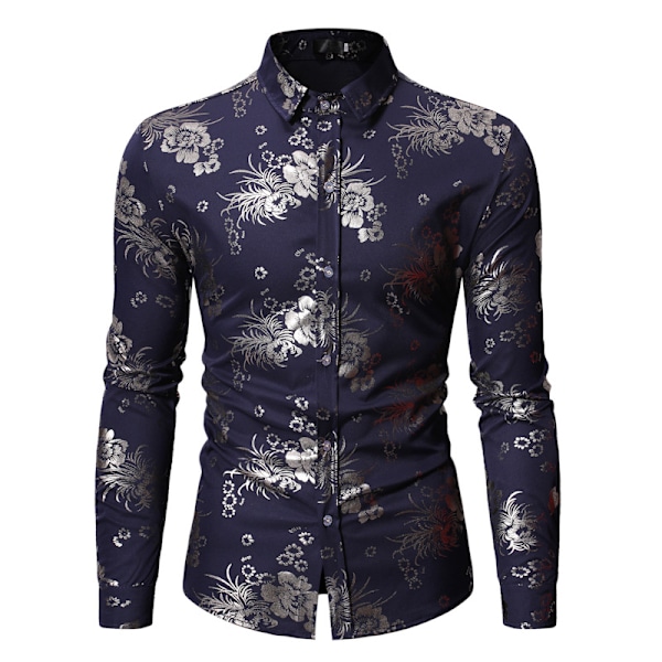 Lyxig skjorta för män med glänsande blommönster och knappar Navy Blue S
