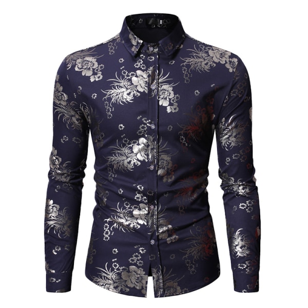 Mænds luksuriøs skjorte med skinnende blomsterprint og knapper Navy Blue XL