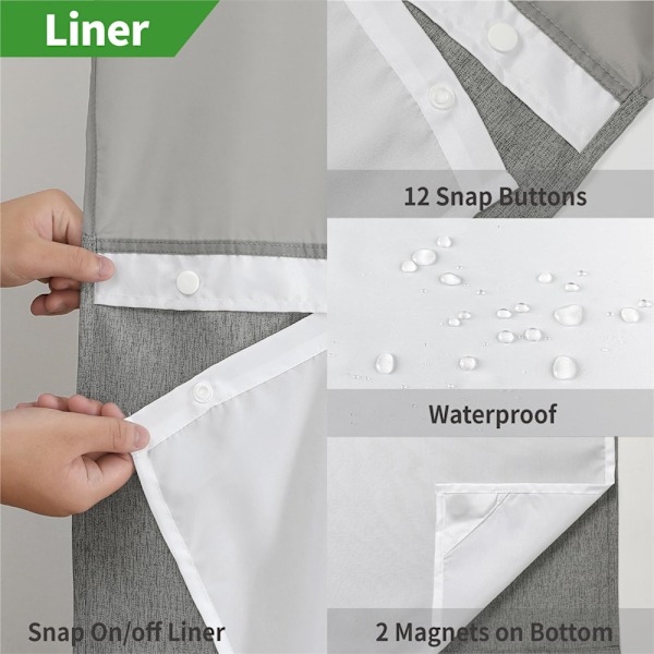 Duschdraperi i Linne med Texturerad Yta och Snap-in Foder, Inga Krokar Behövs grey 71W*74H