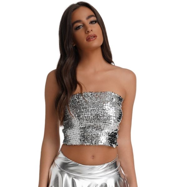 Glittrande Sekvenstop för Kvinnor, Metallisk Crop Top för Fest och Klubb Silver