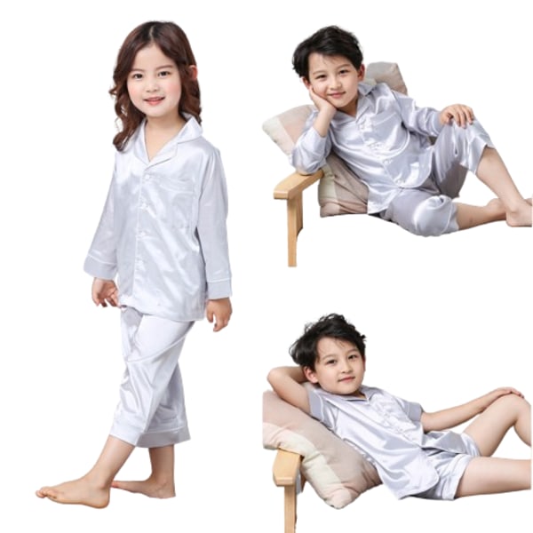 Pyjamas långärmad set för barn, knapp-up siden pyjamas sovkläder set silver 110cm