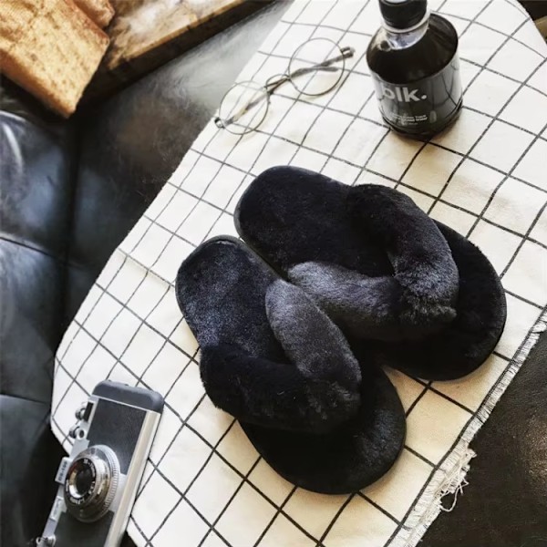 Damtofflor i konstgjord päls, varma skor för kvinnor, bekväma tofflor black 40-41