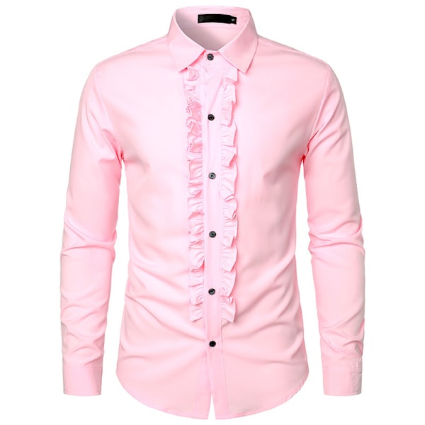 Herr Tuxedo Skjortor Slim Fit Volang Bröllop Middag Toppar Skjortor pink XXL