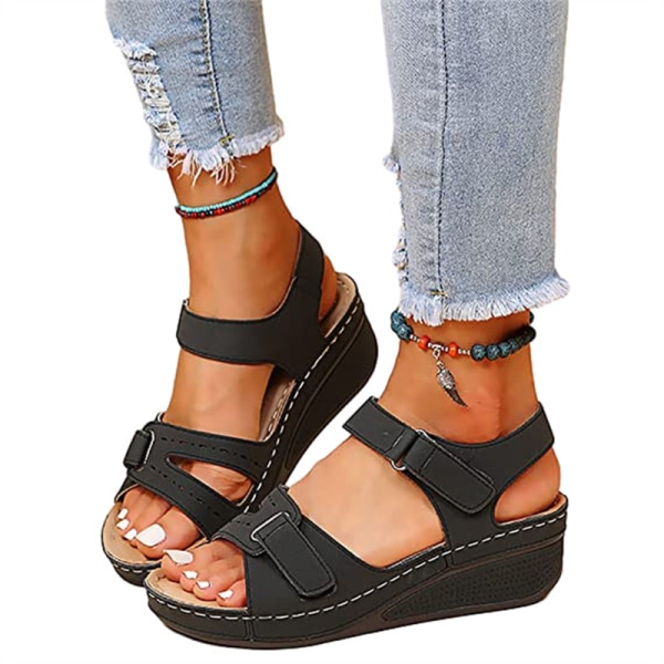 Ortopediska sandaler med kil för kvinnor med öppen tå och ankelrem Platformsandaler BLACK 36