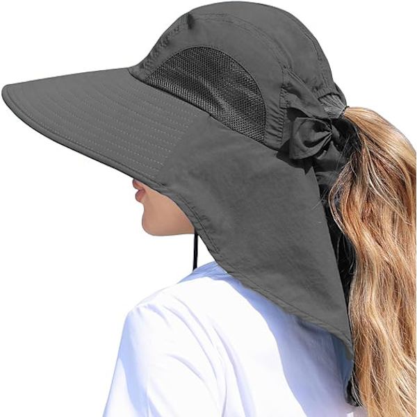 Dam solhatt UV-skydd bred brätte fiskehatt med hästsvanshål nackskydd Dark Grey