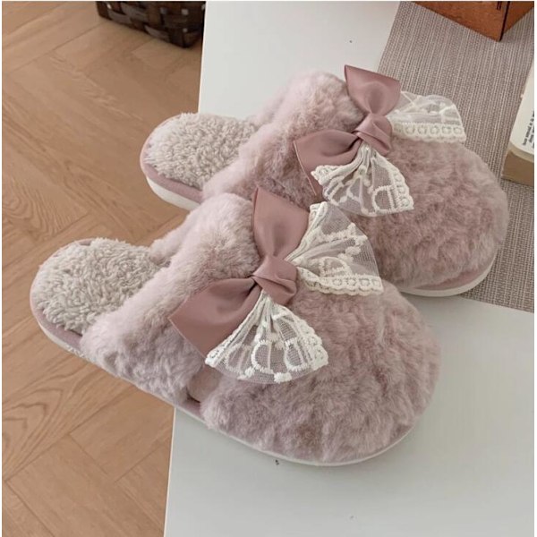 Fluffy Slippers med Bånd i Farveblokke til Efterår og Vinter Pink 40-41