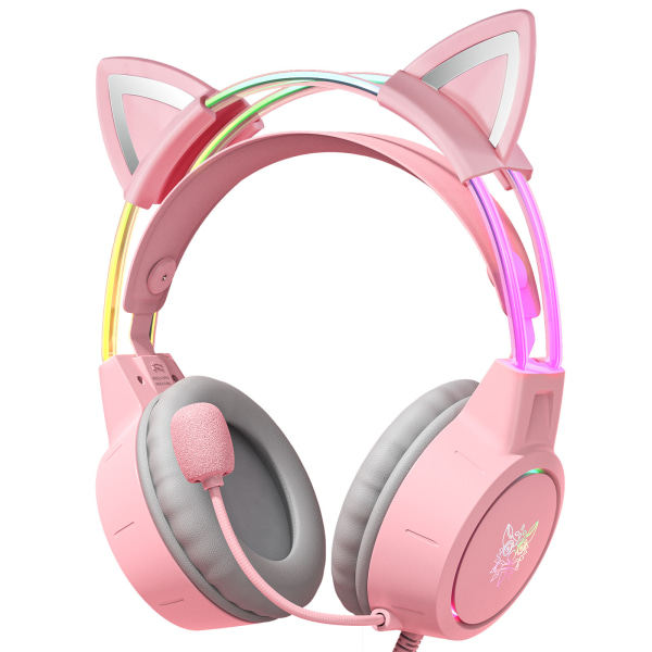 RGB Cat Ear-hörlurar, uppgraderat trådbundet spelheadset med anslutbar HD-mikrofon Pink