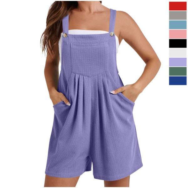 Sommerlig afslappet romper til kvinder - Løstsiddende vaflestrikket kort overall jumpsuit med lomme Purple S