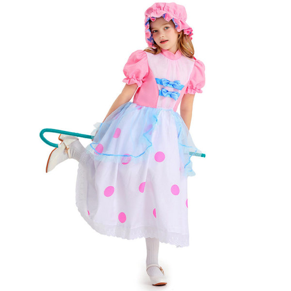 Jente Bo Peep Kostyme med Bonnet Polka Dot Kjole, Halloween Rosa Shepherd Kjole 130cm