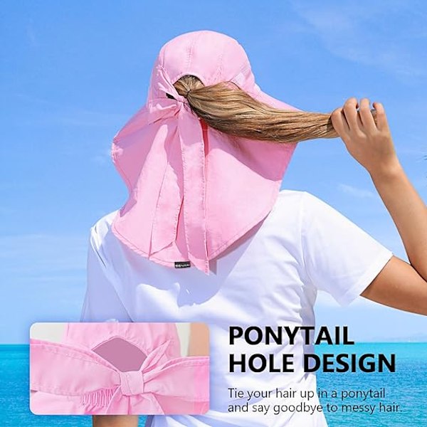 Dam solhatt UV-skydd bred brätte fiskehatt med hästsvanshål nackskydd Pink