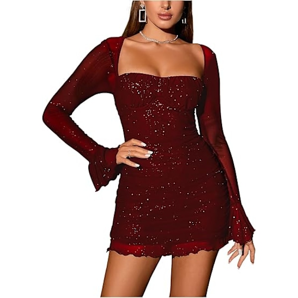 Naisten läpikuultava pitkähihainen paljettibodycon-minimekko red XL