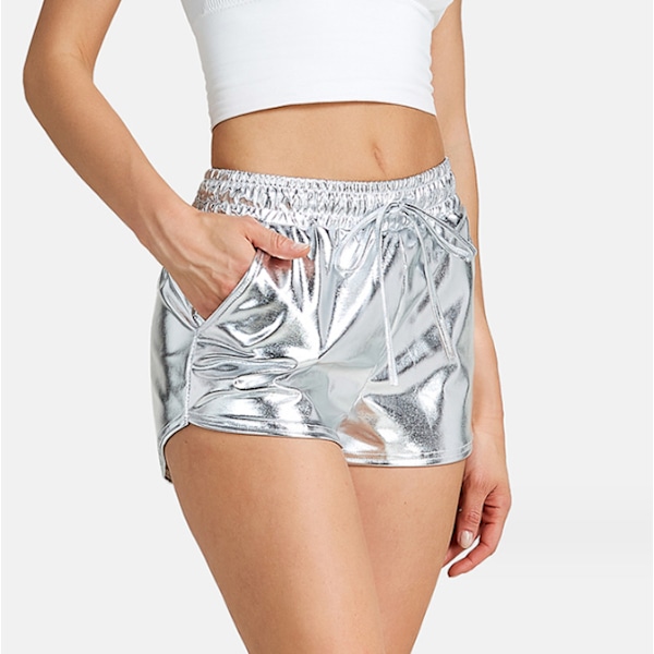 Metallic shorts för kvinnor, sommarglittrande, heta outfit, glänsande korta byxor silver L