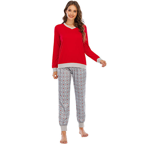 Naisten pitkähihainen pyjamasetti, painettu yöasu, pehmeä pjs, olohuoneen asut red XL
