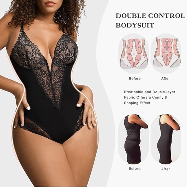 Popilush Pitsi-muotoileva Bodysuit Naisille V-kaula Tummy Body Suit Thongit Black 3XL