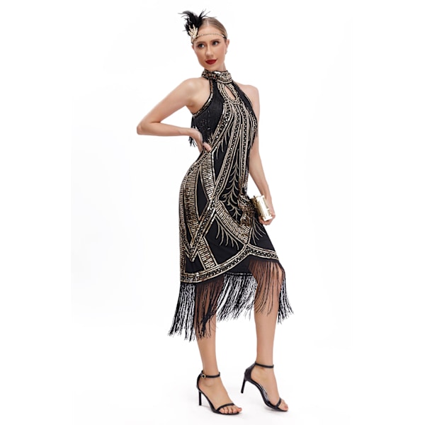 Dam 1920-tals Flapper Klänning Vintage Lång Fransklänning black gold S