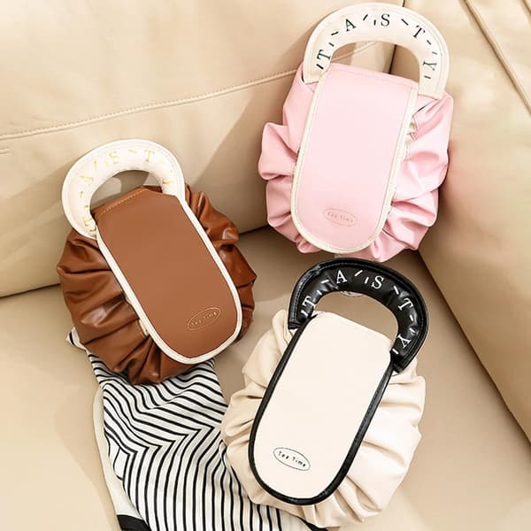 Flat Makeup Bag med Trekkstreng, Bærbar Lazy Pull String Magic Kosmetikkveske pink