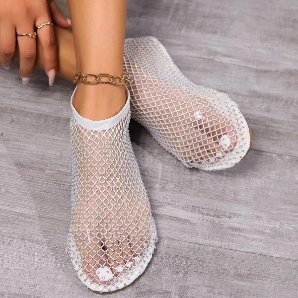 Mesh Flats Rhinestone Korta Sandaler Sexig Platt Cutout Glittrande Casual Bröllopsklänning Flats White 37