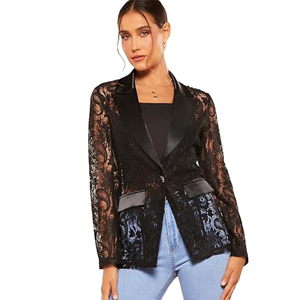 Elegant dame blazer med blomsterblonde, mesh og lange ærmer L