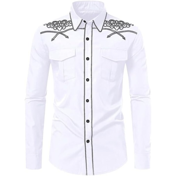 Herr Casual Button Down långärmade broderade skjortor White 1 L