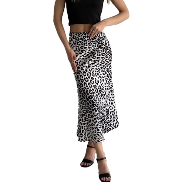 Satin Leopard Print Skjørt Højtaljet Elastisk Talje Langt Skjørt white M