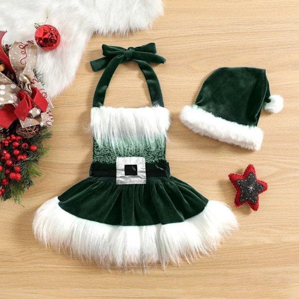 Vauvan tyttöjen joulurompperimekko, helmiä, valkoinen pörröinen reunus, tutu-hyppyhaalari hatulla green 100cm