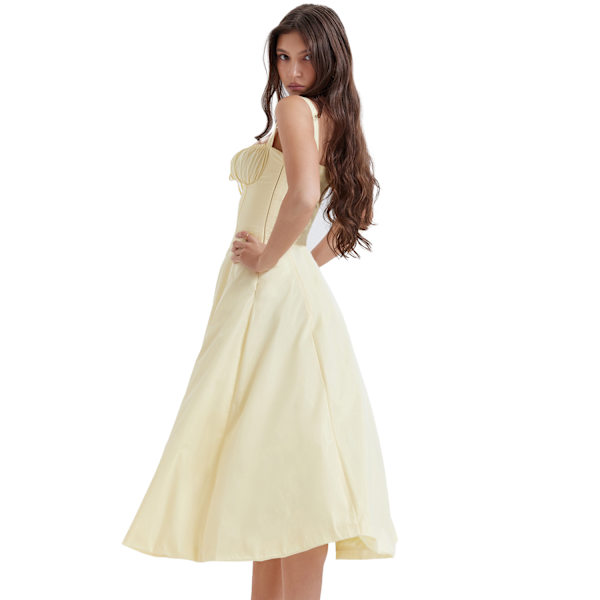 Sommerkjole for kvinner, Boho-stil, blomstermønster, firkantet hals, stropper, svingende yellow M
