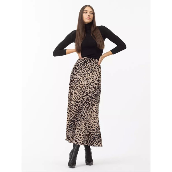 Satin Leopard Print Skjørt Højtaljet Elastisk Talje Langt Skjørt beige M