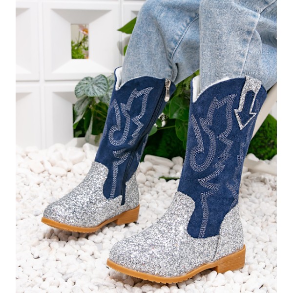 Flickiga Cowgirl-stövlar för flickor Unisex-barn Mid Calf Glitter Toddler Cowboy Boot silver 26