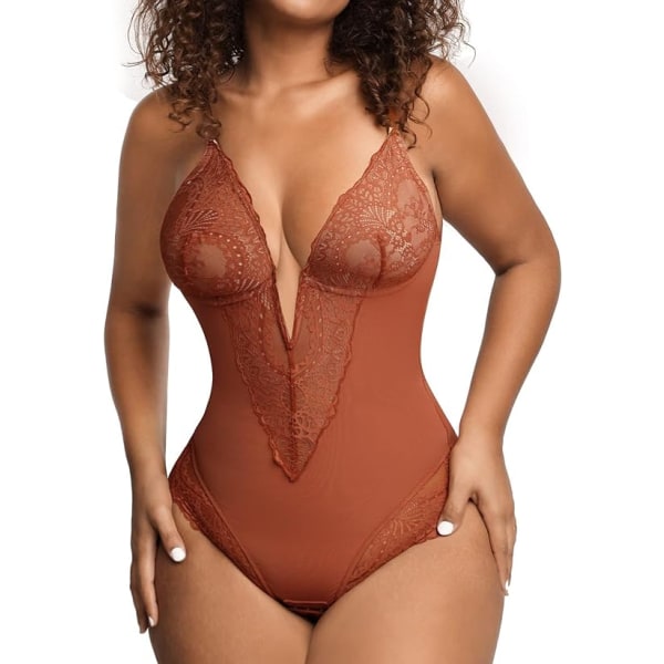 Popilush Lace Shapewear Bodysuit Kvinder V-hals Tummy Body Suit Thong Brown Red L