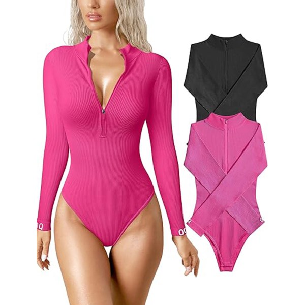 2-delade bodysuits för kvinnor Sexiga ribbade bodysuits i ett stycke med långa ärmar Black+Pink XL