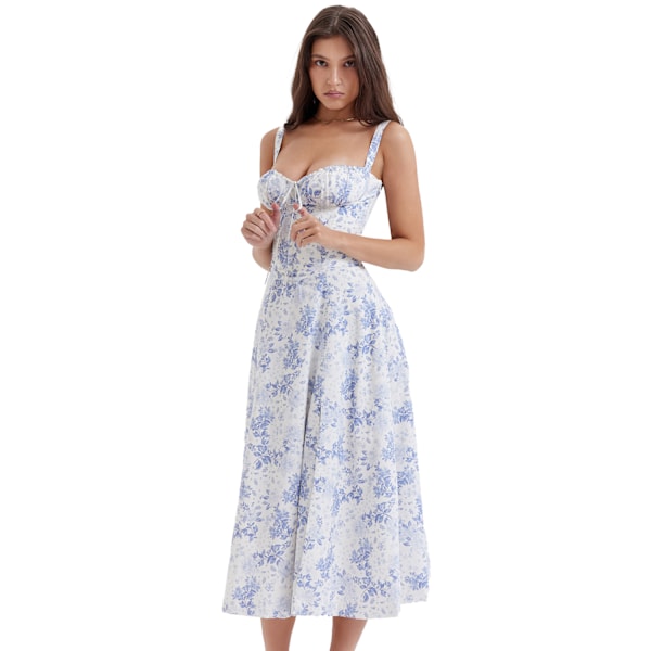 Sommerkjole for kvinner, Boho-stil, blomstermønster, firkantet hals, stropper, svingende blue M