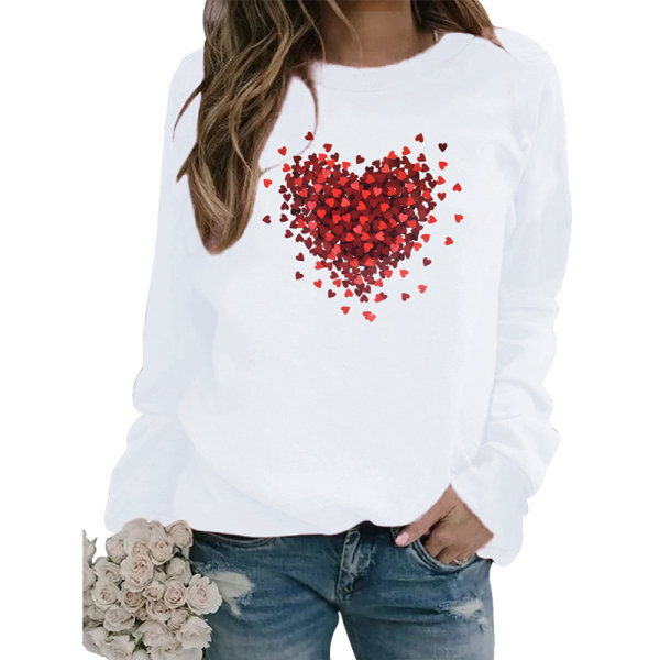 Alla hjärtans dag skjortor för kvinnor, kärlek hjärta grafiska tröjor White M