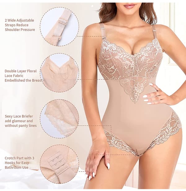 Formande Underkläder för Kvinnor, Tummy Control Thong Bodysuit, V-ringad, Spets, Kroppsshaper, Kompression Light Pink L