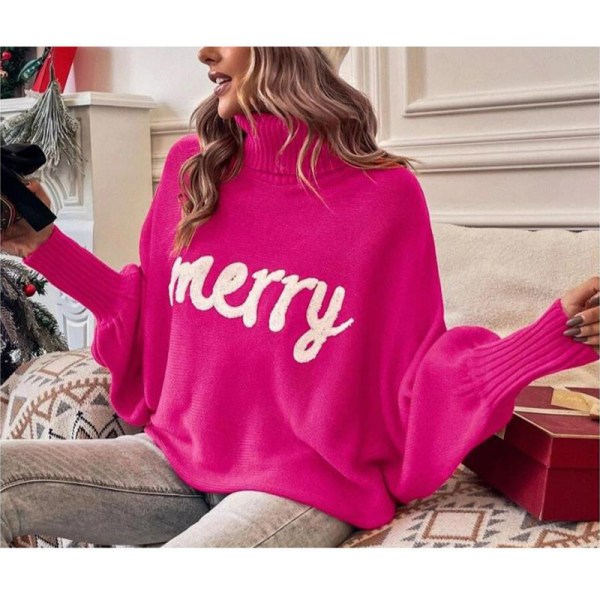 Damtröja med polokrage Merry Christmas Stickad Pullover Sweatshirt Pink XL