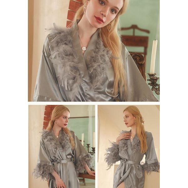 Aamutakki naisille, morsiusneitojen kylpytakki höyhenillä grey XL