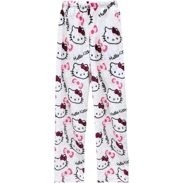 Katt-Cartoon Pyjamasbyxor för Kvinnor Flanell Bekväma Sömnbyxor white 2XL