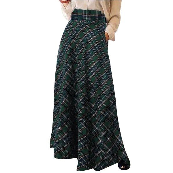 Kjol för kvinnor, koreansk stil, retro, rutig, A-linje green 4XL