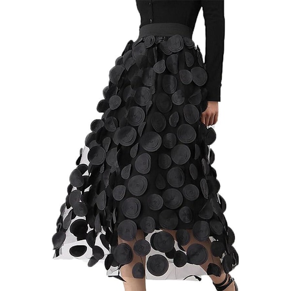 Tullkjol Kvinna 3D Polka Dot Elastisk Midja Mesh Midi Kjolar black