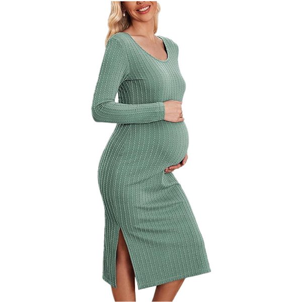 Maternity tröja klänning Ribbad långärmad gravidklänning green 2XL