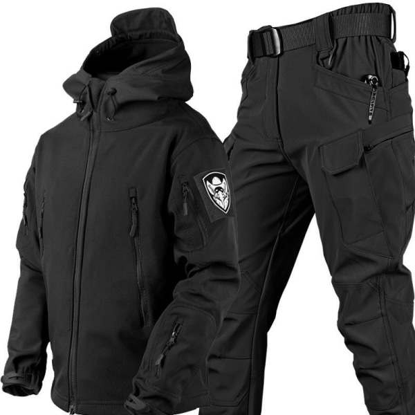 Tactical jacka och byxor för män, fleecefodrade vattenavvisande mjuka vinterrockar Black 2XL