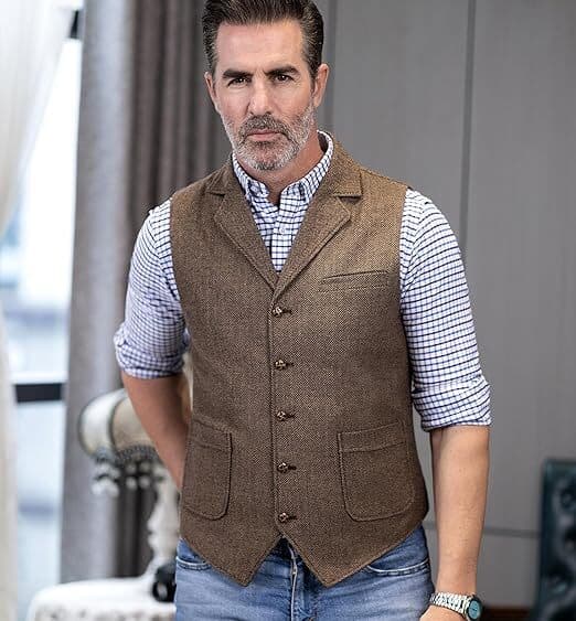 Herrar Tweed Väst Västlig Herringbone Ull Casual brown L