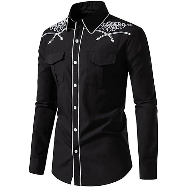 Miesten rento pitkähihainen napitettu paita, jossa on brodeeraus Black 1 2XL