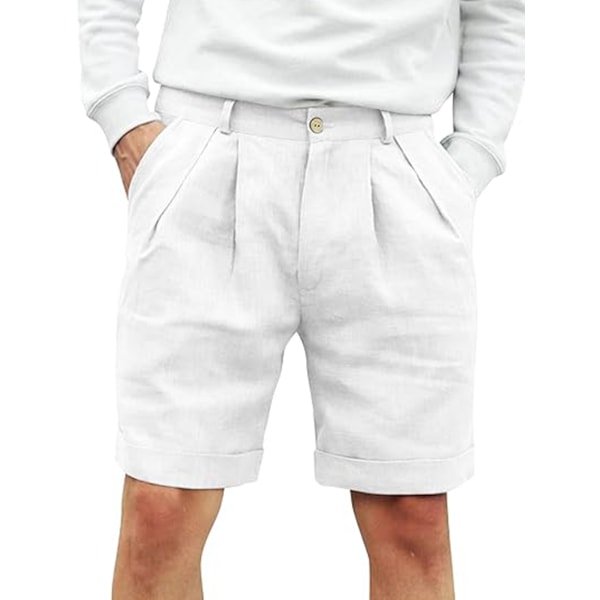 Herre Bomullslin Flat Front Shorts, Elastisk Midje Strandshorts white M