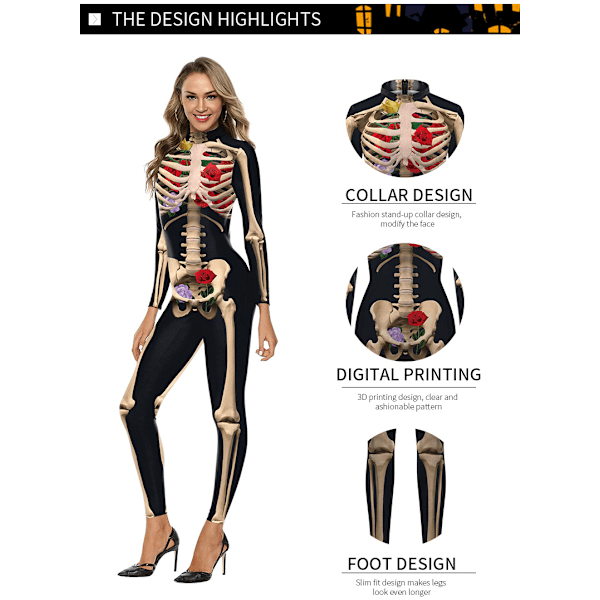 Naisten Luuranko Halloween Bodysuit Puku Venyvä Ohut Catsuit Hyppyasu black S