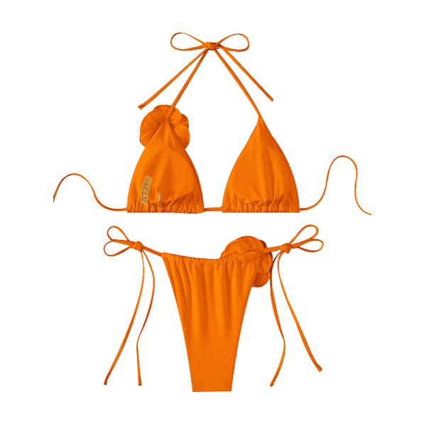 Dam 2-delad 3D Ros Bikini Baddräkt Hög Midja Badkläder Strandkläder Orange L