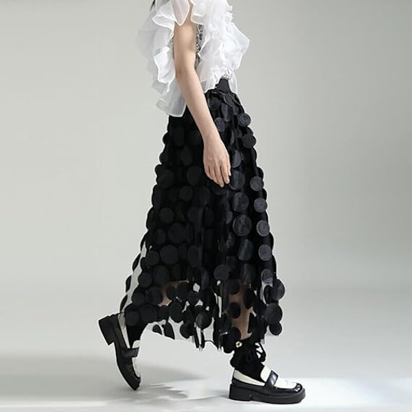 Tullkjol Kvinna 3D Polka Dot Elastisk Midja Mesh Midi Kjolar black