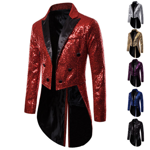Herr paljettfrack Swallowtail kostymjacka Party Show Tuxedo Dress Coat Blazer red M