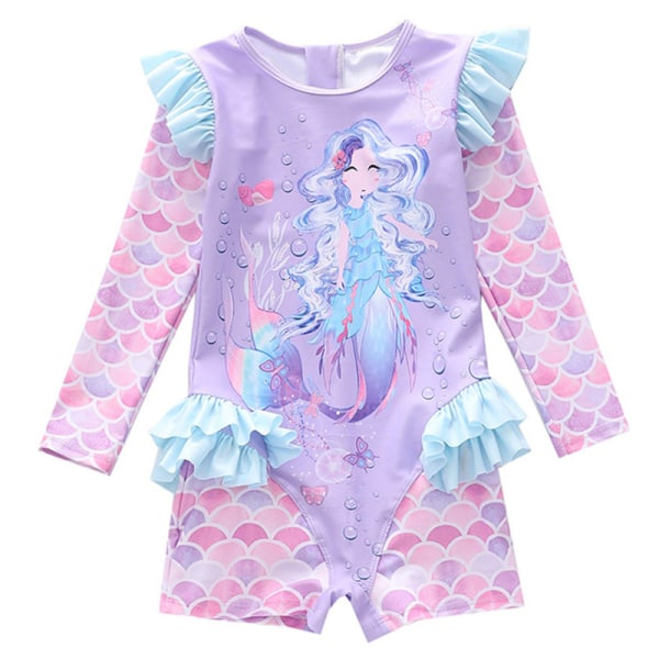 Flickor Mermaid Ruffle Långärmad En Delig Baddräkt Med UV-skydd Solskydd Color 4 XL