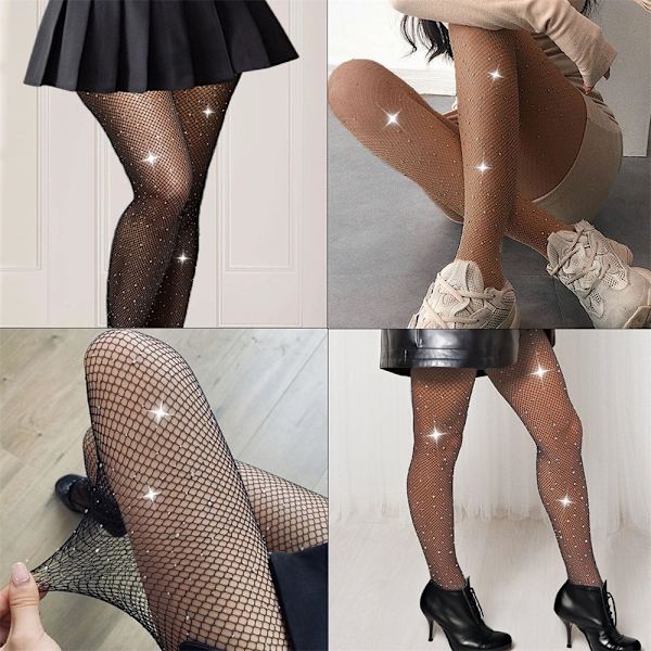 2 par Glitter Strømper til Kvinder, Glimmer Rhinestone Fiskenet Strømper